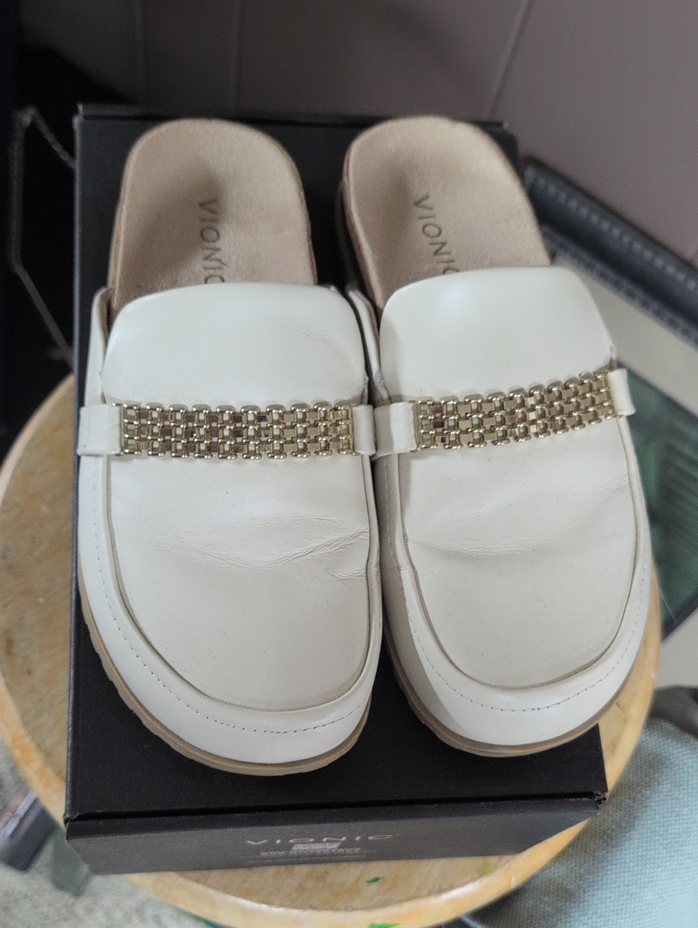 Vionic White Slip-On Mules with Gold Chain Accent